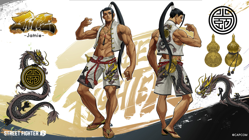 1boy abs absurdres biceps character_name copyright_name dragon dragon_print eastern_dragon flip-flops gourd highres jamie_siu jewelry male_swimwear muscular muscular_male necklace official_alternate_costume official_art open_clothes open_vest ponytail reference_sheet sandals solo standing street_fighter street_fighter_6 swim_trunks vest