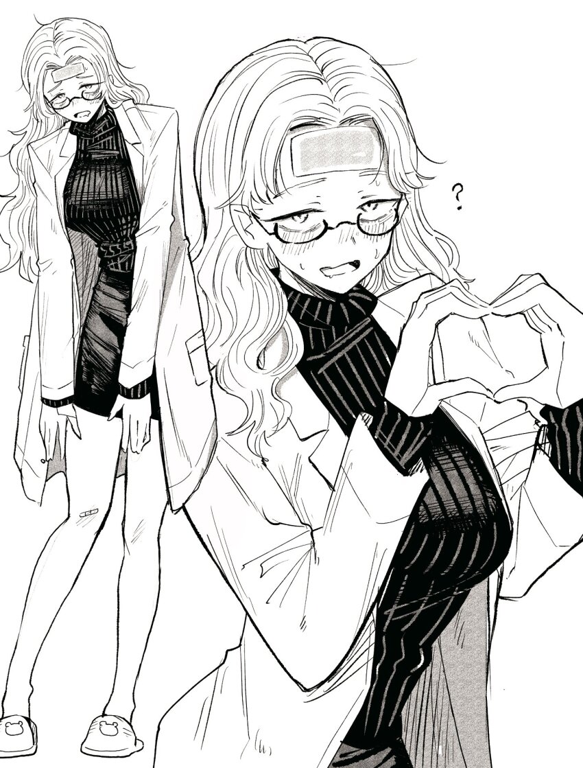 1girl ? bandaid bandaid_on_knee bandaid_on_leg blush breasts cold_pack finger_heart glasses greyscale highres lab_coat large_breasts long_hair monochrome original slippers sweater turtleneck turtleneck_sweater white_background ya_si0