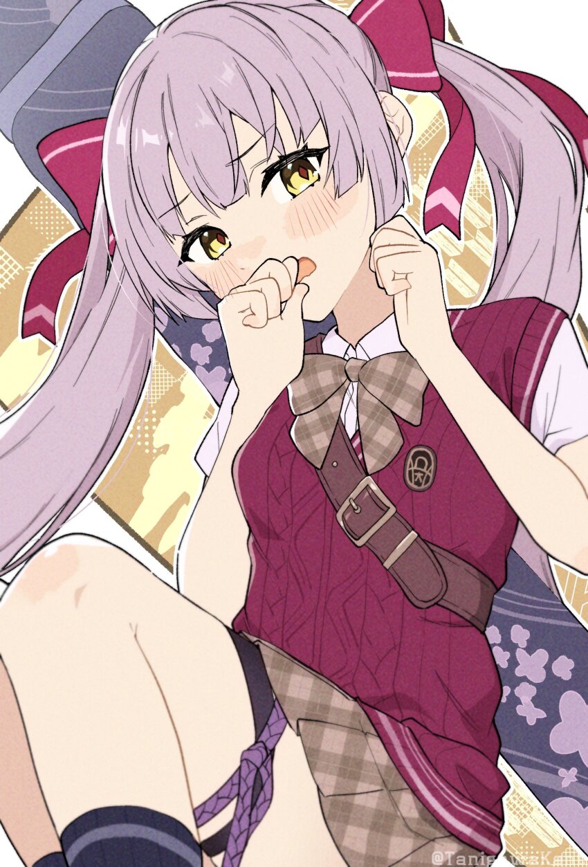 1girl blunt_bangs heaven_burns_red highres long_hair ogasawara_hisame plaid_clothes red_vest ribbon school_uniform skirt solo tanigawa_kent twintails vest weapon_bag white_hair yellow_eyes