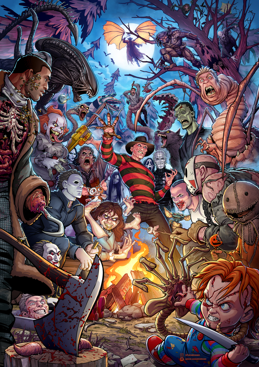 6+boys 6+others a_nightmare_on_elm_street alien alien:_isolation alien_(1979) alien_(series) alien_vs._predator aliens_(1986) arm_blade armor axe beetlejuice blood bloody_weapon blue_eyes campfire candyman chainsaw character_request child&#039;s_play chucky claw_(weapon) claws clown clown_nose copyright_request crossover dreadlocks dress evil_grin evil_smile extra_mouth fangs fishnets frankenstein freddy_krueger friday_the_13th gauntlets gloves grin halloween hat helmet highres hockey_mask holding holding_chainsaw it_(stephen_king) jacket jason_voorhees knife laser laser_pointer_projection laser_sight leatherface long_hair long_sleeves machete mandibles mask mask_on_head monster multiple_boys multiple_girls multiple_others muscular neck_ruff nested_mouths open_mouth orange_hair patrick_brown pauldrons pennywise plasma_caster predator_(1987) predator_(character) predator_(series) predators_(2010) re-animator red_hair regan_macneil shirt short_hair shoulder_armor shoulder_cannon skull smile stitched_face stitches striped_clothes striped_shirt teeth the_exorcist the_texas_chainsaw_massacre thigh_armor vampire weapon werewolf wrist_blades xenomorph