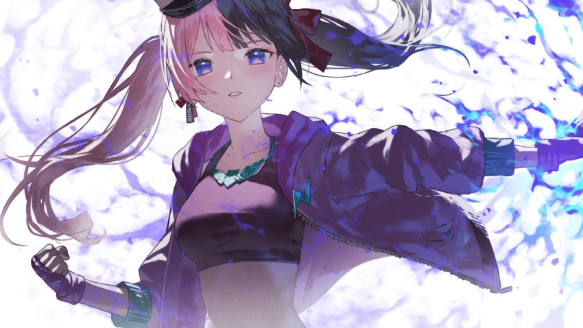 1girl black_hair blue_eyes clenched_hand crop_top earrings fagi_(kakikaki) floating_hair hat jacket jewelry multicolored_hair open_clothes open_jacket parted_lips pink_hair solo split-color_hair street_fighter street_fighter_6 tachibana_hinano tank_top twintails two-tone_hair upper_body virtual_youtuber vspo!