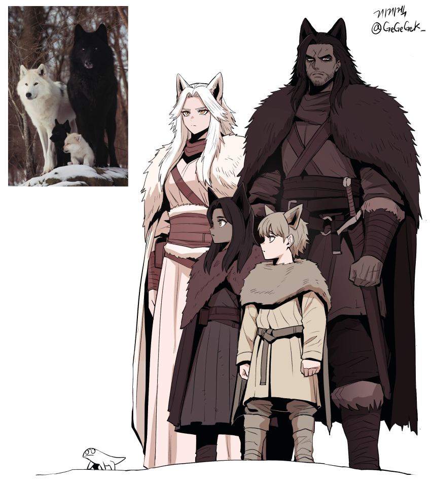 2boys 2girls absurdres animal_ears belt boots cape coat creature_and_personification dog dress family fur-trimmed_boots fur-trimmed_cape fur_trim gegegekman highres long_hair multiple_boys multiple_girls original personification photo_inset puppy sheath sheathed short_hair sword weapon white_background white_fur white_hair winter_clothes wolf wolf_boy wolf_ears