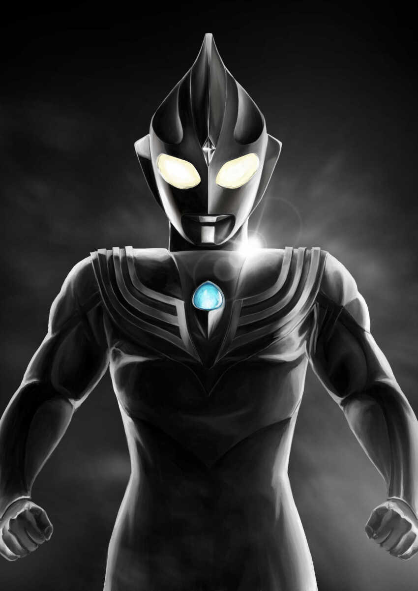 1boy alien armor black_skin breastplate clenched_hands color_timer colored_skin commentary compound_eyes cowboy_shot crystal dark_background dark_persona dorsal_fin forehead_jewel gattyo gem glowing glowing_eyes grey_skin highres lens_flare looking_at_viewer looking_down male_focus multicolored_skin pectorals silver_trim solo standing tokusatsu ultra_series ultraman_tiga ultraman_tiga:_the_final_odyssey ultraman_tiga_(series) ultraman_tiga_(tiga_dark) wrinkled_skin yellow_eyes