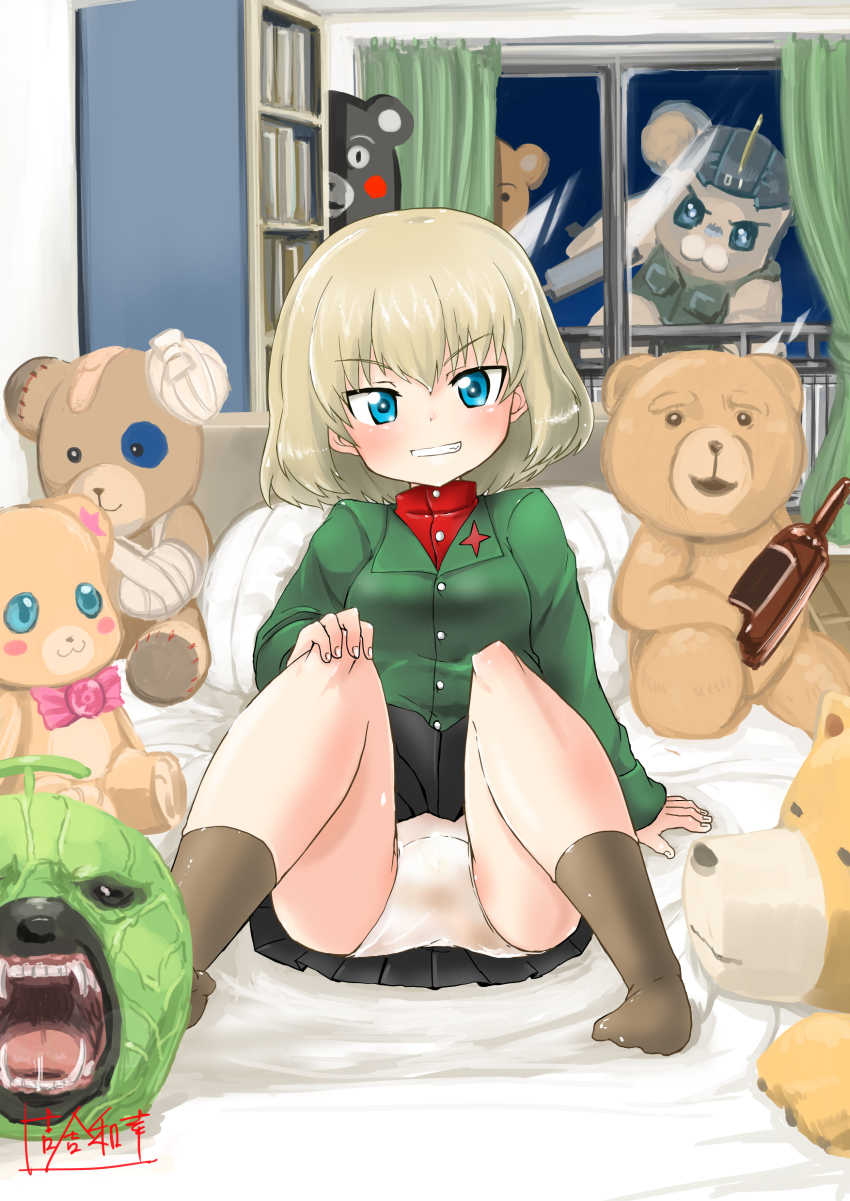 10s 1girl absurdres alcohol amagi_brilliant_park annotated arm_support artist_name bear bed bedroom beer black_skirt black_socks blonde_hair blue_eyes boko_(girls_und_panzer) bonta-kun bottle feet full_metal_panic! gag_manga_biyori girls_und_panzer green_jacket grin hand_on_own_knee highres indoors jacket kantai_collection katyusha_(girls_und_panzer) kisa_kazuyuki kumai_natsu kumakichi_(character) kumamiko kumamon long_sleeves looking_at_viewer mahou_girls_precure! melon_kuma miniskirt moffle mofurun_(mahou_girls_precure!) no_shoes panties pantyshot pillow pleated_skirt precure red_shirt school_uniform shirt short_hair signature sitting skirt smile socks stuffed_animal stuffed_toy ted_(movie) ted_(ted) teddy_bear turtleneck underwear upskirt white_panties window