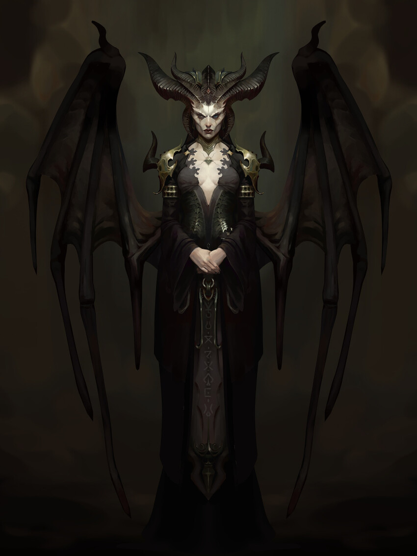 1girl black_dress black_lips breasts cleavage dark_background demon_girl demon_horns demon_wings diablo_(series) dress frown full_body heterochromia highres horns lilith_(diablo) looking_at_viewer may0 medium_breasts wings
