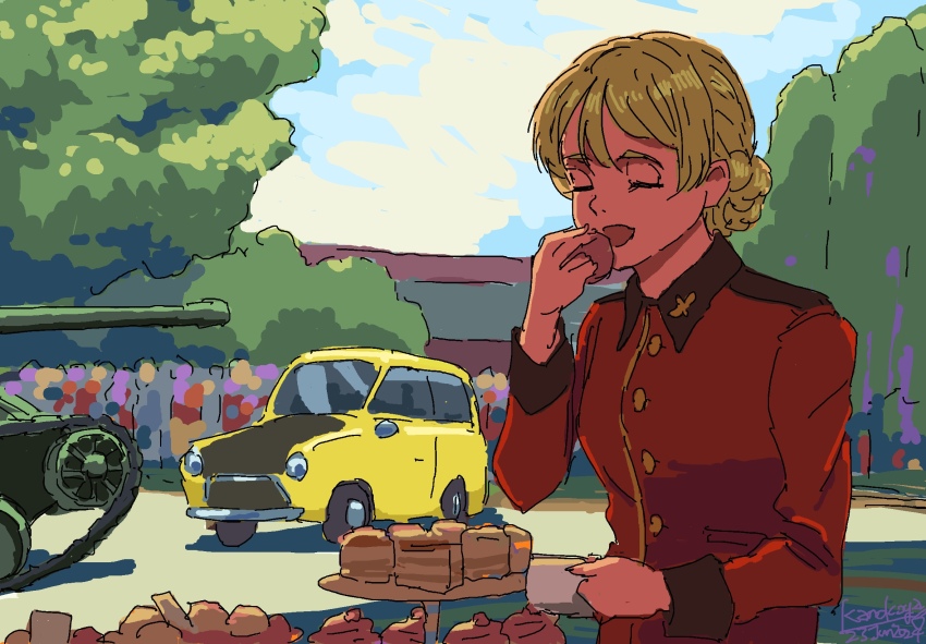 1girl blonde_hair braid cake cup darjeeling_(girls_und_panzer) eating food girls_und_panzer highres holding holding_cup kanokoga long_sleeves military_vehicle mini_cooper motor_vehicle mr._bean_(series) outdoors scene_reference short_hair solo st._gloriana&#039;s_military_uniform tank teacup wing_collar