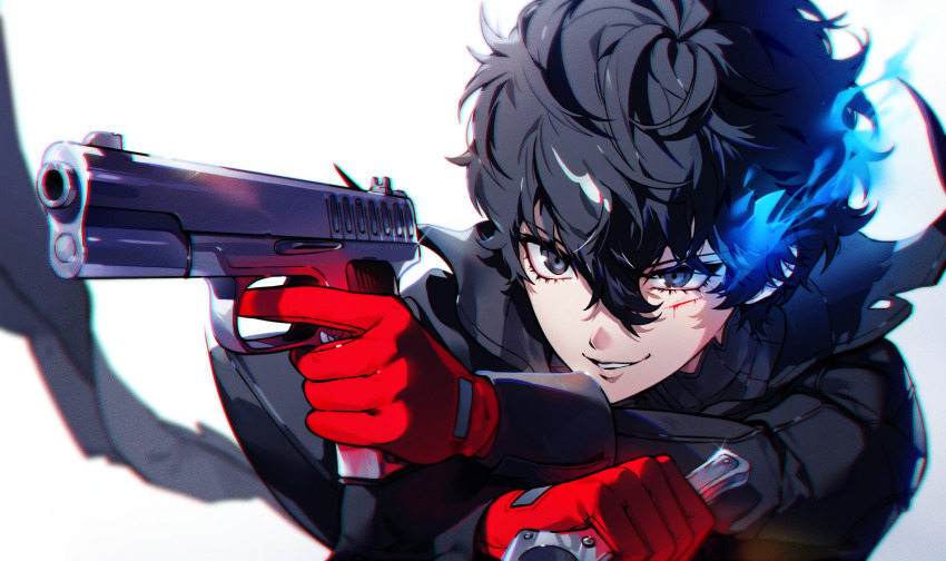 1boy aiming amamiya_ren black_coat black_eyes black_hair blood blue_fire close-up coat cuts dagger eyelashes finger_on_trigger fire gloves grin gun handgun highres holding holding_dagger holding_gun holding_knife holding_weapon injury joker_(persona_5) knife male_focus parted_lips persona persona_5 popped_collar red_gloves short_hair smile smirk solo themoonrabbit tokarev_tt-33 weapon