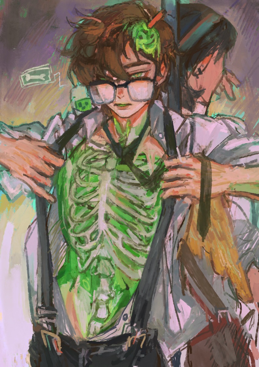 2boys animification back-to-back beanie bird_boy bird_wings brown_hair chinese_commentary commentary_request dream_smp duck_boy glasses glowing green_eyes hat highres male_focus minecraft minecraft_youtube monster_boy multiple_boys necktie official_alternate_costume open_clothes open_shirt pants pole quackity quanmingwu see-through_body short_hair skeleton slime_(minecraft) slime_(substance) slime_boy slime_on_head slimecicle solo_focus standing stick stripper_pole suspenders wings