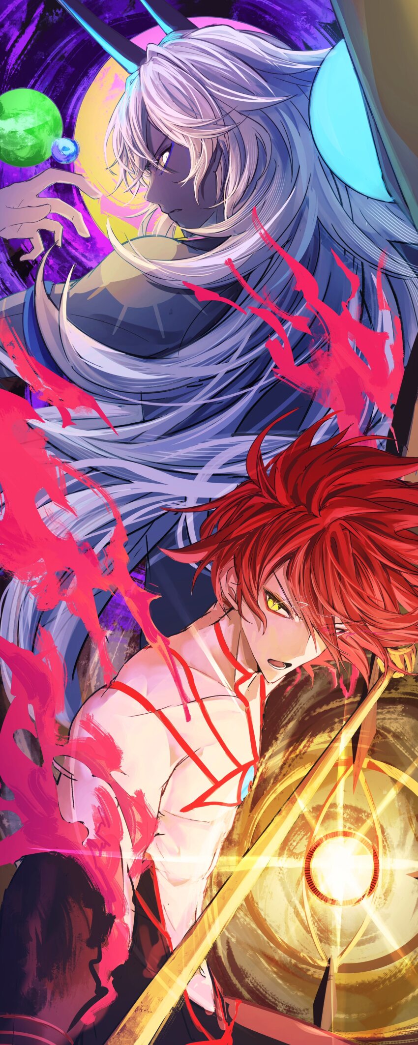 2boys absurdres arjuna_(fate) arjuna_alter_(fate) back-to-back body_markings colored_skin eye_trail fate/grand_order fate_(series) glowing grey_skin highres holding holding_polearm holding_weapon karna_(fate) light_trail long_hair male_focus multiple_boys polearm red_hair super_karna_(fate) weapon white_eyes white_skin yagi_(yagi5art) yellow_eyes