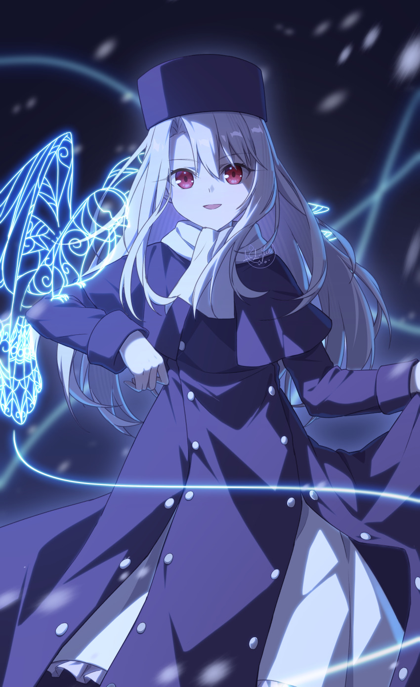 absurdres commentary_request dress fate/stay_night fate_(series) hat highres illyasviel_von_einzbern long_hair looking_at_viewer luyue open_mouth purple_dress purple_hat red_eyes scarf snowing white_scarf