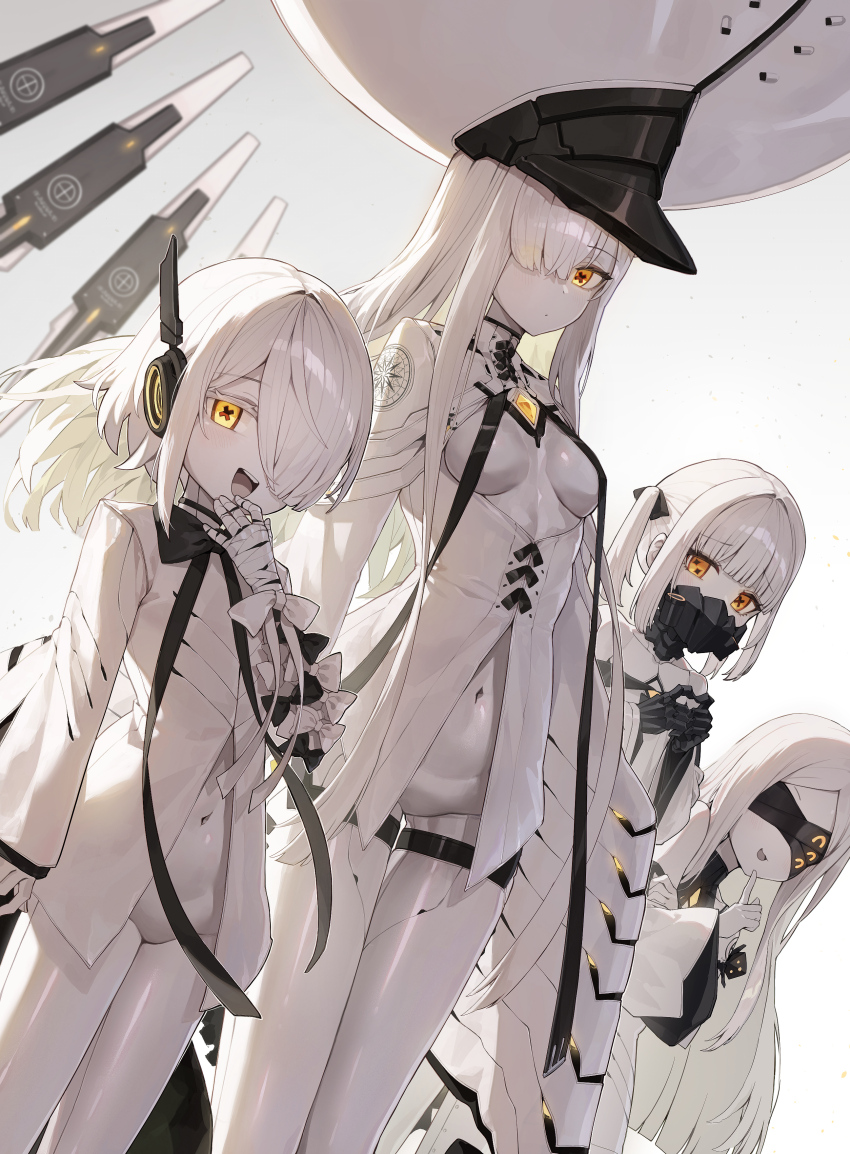4girls absurdres bandaged_hand bandages black_bow black_bowtie black_mask blindfold blue_archive bow bowtie breasts colored_skin covered_eyes covered_mouth dress ein_(blue_archive) floating floating_object floating_weapon hair_over_one_eye hand_on_own_face hand_up hands_up hat headphones highres jacket kokukyukeo large_hat long_hair long_sleeves looking_at_viewer malkuth_(blue_archive) mask mecha mechanical_arms mechanical_hands medium_hair multiple_girls navel ohr_(blue_archive) open_mouth orange_eyes pants robot shirt short_hair simple_background small_breasts smile sof_(blue_archive) standing symbol-shaped_pupils thighs twintails white_background white_dress white_hair white_shirt white_skin wide_sleeves x-shaped_pupils yellow_eyes