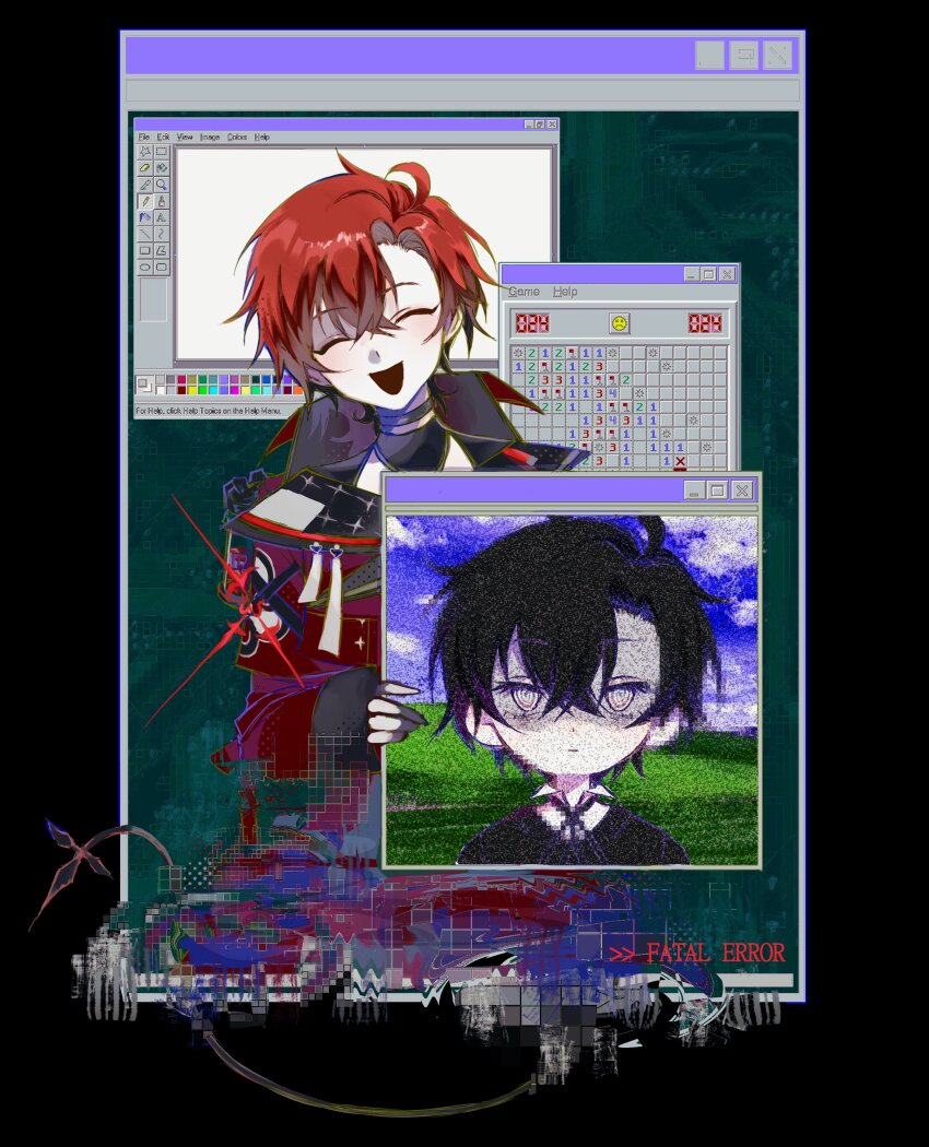 1boy absurdres black_background black_hair bliss_(image) closed_eyes error_message glitch hair_between_eyes highres holding holostars holostars_english jacket looking_at_viewer machina_x_flayon male_focus mechanical_tail microsoft_paint_(software) microsoft_windows minesweeper nonsensemanna open_mouth pale_skin pixelated portrait red_hair red_jacket short_hair tail virtual_youtuber window_(computing) windows_xp