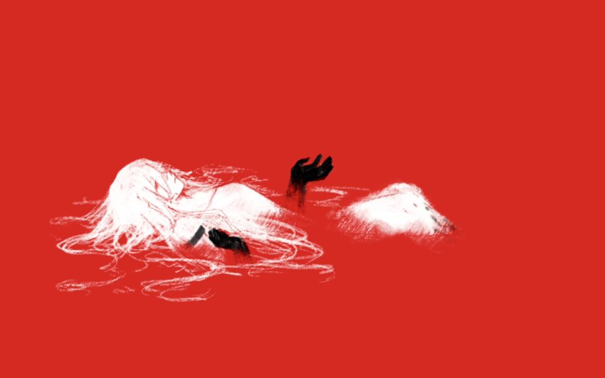 afloat ariane_yeong black_hands blood colored_extremities dress fine_art_parody floating_hair hand_up highres long_hair looking_up lying_on_water nowhere_(signalis) ophelia_(painting) pale_skin parody partially_submerged ppponpotato signalis simple_background white_dress white_hair