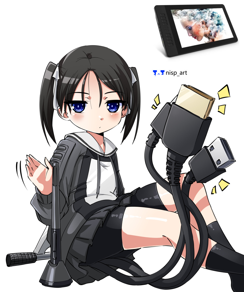 1girl absurdres black_hair black_shorts black_skirt black_socks blue_eyes child drawing_tablet drawstring highres humanization looking_at_viewer nisp_art original photo-referenced shorts sitting skirt socks solo stylus tail twintails usb_port_(object) white_background