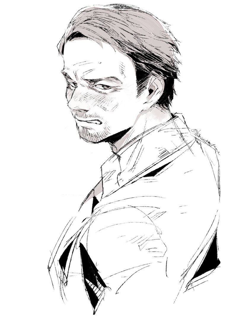 1boy ace_visconti beard cheekbones collared_shirt commentary connected_beard cropped_shoulders dead_by_daylight embarrassed english_commentary facial_hair furrowed_brow greyscale highres kawarayane looking_at_viewer looking_back male_focus mature_eyes mature_male monochrome parted_lips portrait shirt short_hair sideburns simple_background sketch solo stubble sweatdrop tumblr_username very_short_hair white_background wrinkled_skin