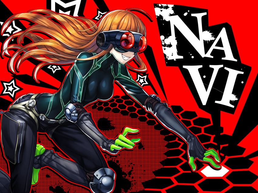 10s 1girl ahoge bodysuit character_name female_focus goggles highres long_hair oracle_(persona_5) orange_hair persona persona_5 sakura_futaba solo torio_(mocd1985)