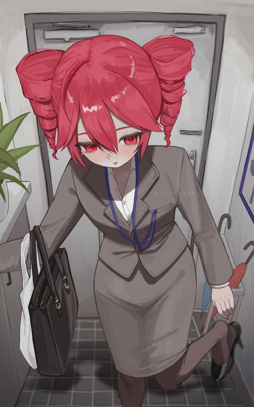 1girl bag black_bag black_pantyhose black_shoes blush collared_shirt commentary door double-parted_bangs dress_shirt drill_hair flower_pot foot_out_of_frame grey_jacket grey_skirt hair_between_eyes high_heels highres indoors jacket julie_(rolleybun) kasane_teto lanyard long_sleeves office_lady pantyhose parted_lips pencil_skirt plant plastic_bag potted_plant pumps red_eyes red_hair shirt shoe_dangle shoes skirt solo standing standing_on_one_leg suit_jacket tile_floor tiles twin_drills twitter_username umbrella utau white_shirt