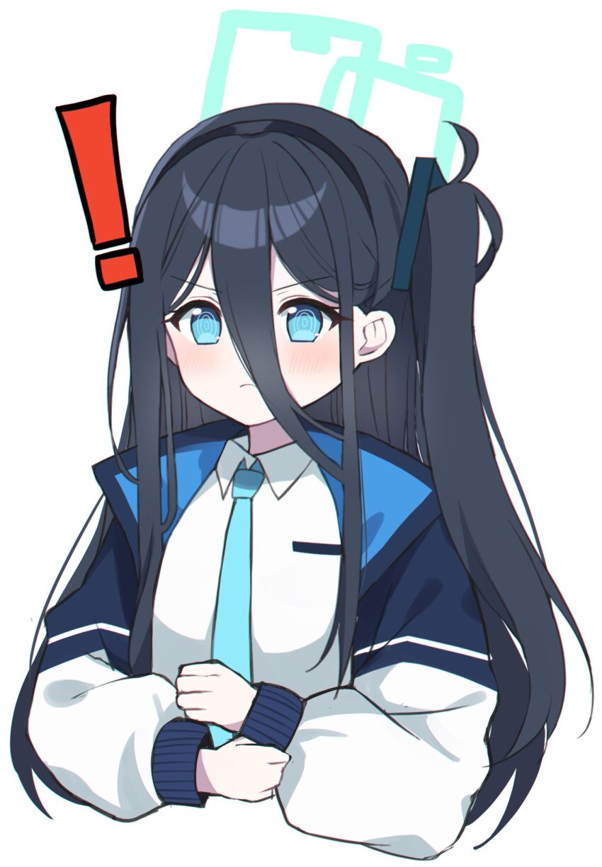 ! 1girl absurdly_long_hair aqua_halo aris_(blue_archive) black_hair blue_archive blue_eyes blue_necktie blush closed_mouth collared_shirt green_halo halo highres long_hair long_sleeves murase48 necktie one_side_up ringed_eyes shirt solo upper_body very_long_hair white_shirt