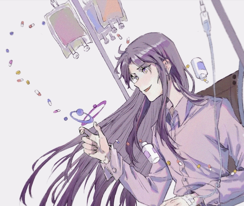 1other alternate_costume androgynous atom bandaid bandaid_on_hand blood blood_bag buttons clause_(len&#039;en) collared_shirt dutch_angle eyelashes fingernails floating_hair grey_background highres intravenous_drip jishixingle1029 len&#039;en long_hair long_sleeves looking_at_object on_bed open_mouth other_focus outstretched_hand pajamas parted_bangs pill pill_bottle purple_eyes purple_hair purple_pajamas purple_shirt shirt sidelocks sitting smile solo under_covers upper_body very_long_hair