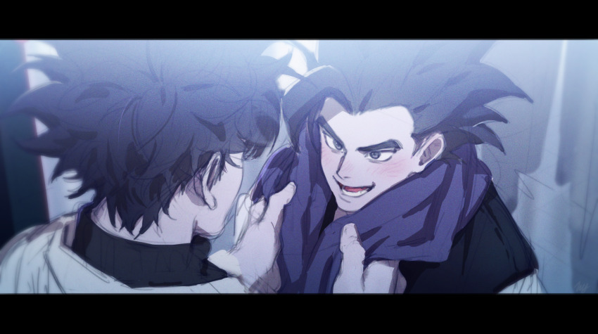 2boys black_border black_eyes black_hair black_shirt border brown_hair commentary_request couple dragon_ball dragon_ball_legends dragon_ball_xenoverse from_behind highres hyong311 jacket korean_commentary letterboxed looking_at_another male_focus mirai_senshi multiple_boys oc_x_canon open_mouth purple_scarf reta_(hyong311) scarf shallot_(dragon_ball) shirt short_hair single_bang smile spiked_hair turtleneck upper_body white_jacket yaoi
