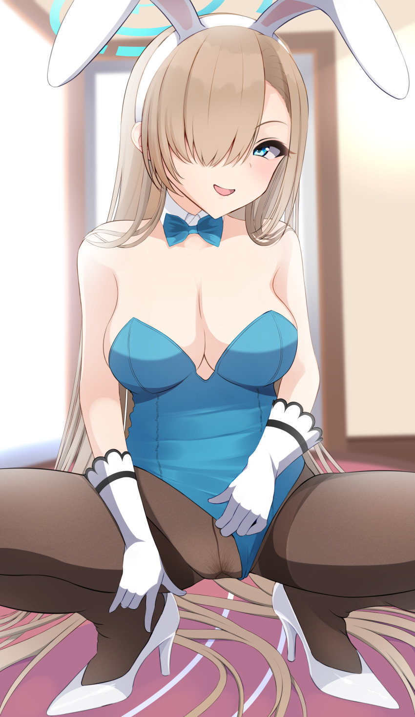 1girl absurdres animal_ears asuna_(blue_archive) asuna_(bunny)_(blue_archive) black_pantyhose blue_archive blue_bow blue_bowtie blue_leotard bow bowtie breasts detached_collar fake_animal_ears female_pubic_hair gloves hair_over_one_eye hairband halo high_heels highleg highleg_leotard highres large_breasts leotard light_brown_hair no_mole nokonoko pantyhose playboy_bunny pubic_hair rabbit_ears solo spread_legs squatting strapless strapless_leotard traditional_bowtie white_footwear white_gloves white_hairband
