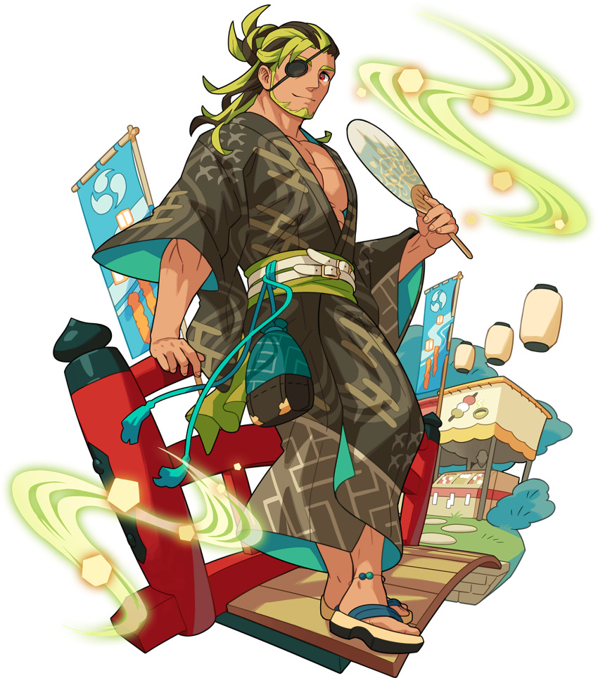 1boy against_railing anklet artist_request aura bag beard belt bridge brown_hair brown_kimono bush closed_mouth dango day egasumi eyepatch facial_hair fence flag floating floating_object food forehead full_body grass green_facial_hair green_hair hair_bun hand_fan hand_up happy highres holding holding_fan japanese_clothes jewelry kimono lantern large_pectorals leon_(world_flipper) light_particles long_hair long_sleeves looking_at_viewer male_focus market_stall multicolored_hair muscular muscular_male non-web_source obi official_art open_clothes open_kimono outdoors paper_fan paper_lantern pectoral_cleavage pectorals railing red_eyes sandals sanshoku_dango sash single_hair_bun smile solo standing streaked_hair tassel transparent_background tree two-tone_hair uchiwa wagashi wide_sleeves world_flipper