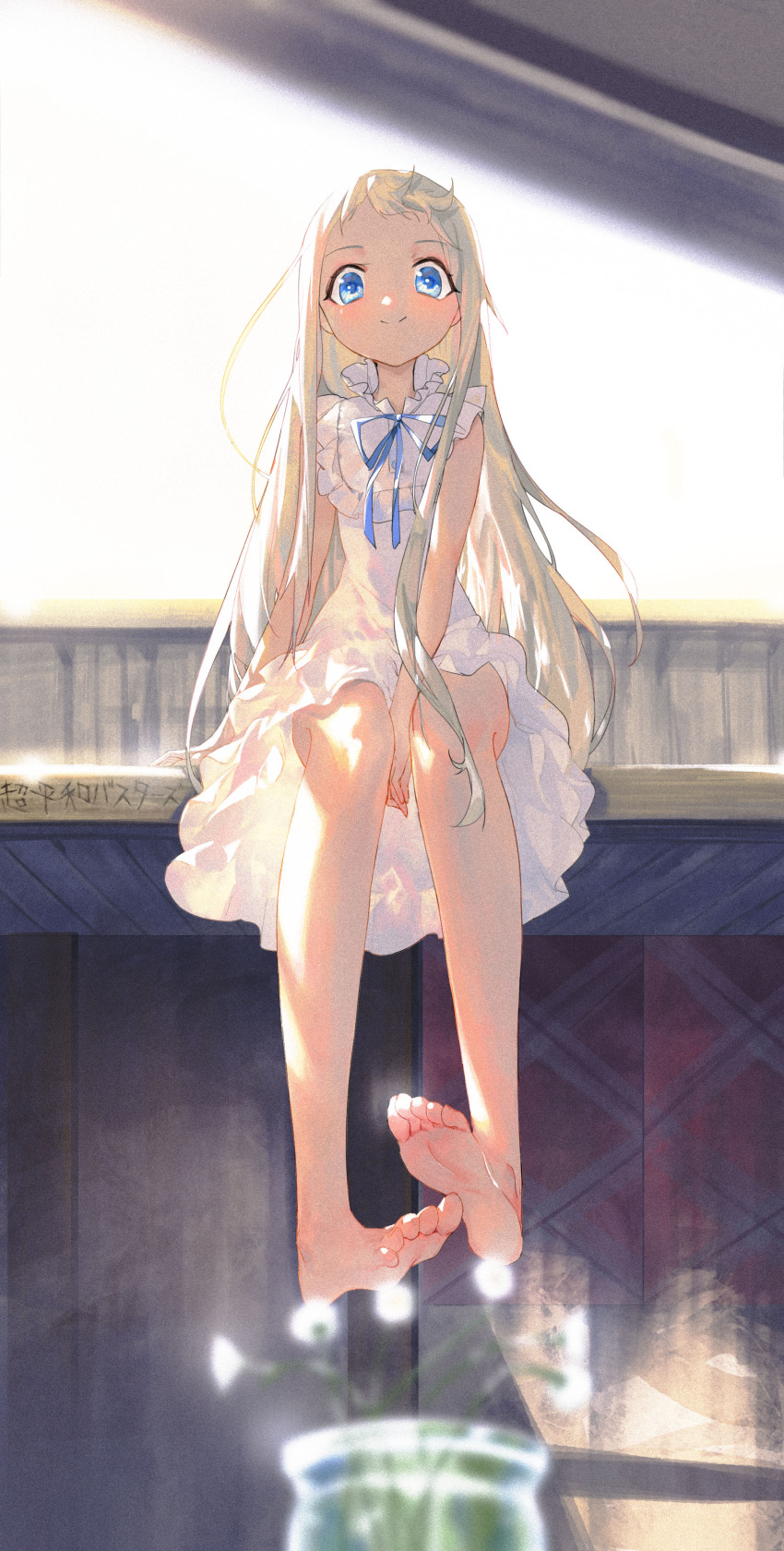 1girl absurdres ano_hi_mita_hana_no_namae_wo_bokutachi_wa_mada_shiranai. barefoot blue_eyes dress feet highres honma_meiko long_hair looking_at_viewer sitting smile soles toes