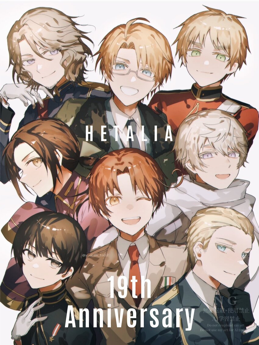 6+boys ahoge america_(hetalia) anniversary artist_name axis_powers_hetalia black_gloves black_jacket blonde_hair blue_eyes blue_jacket blue_necktie breast_pocket brown_coat brown_eyes brown_hair brown_jacket buttons china_(hetalia) closed_mouth coat collared_jacket collared_shirt commentary_request english_text facial_hair flag_print france_(hetalia) fur-trimmed_jacket fur_trim germany_(hetalia) glasses gloves green_eyes green_jacket grey-framed_eyewear grey_hair hair_between_eyes half-closed_eyes hand_on_own_chest hand_up highres italian_flag italian_flag_print jacket japan_(hetalia) lapels long_hair long_sleeves looking_at_viewer low_ponytail male_focus medal military_jacket military_uniform multiple_boys necktie northern_italy_(hetalia) one_eye_closed open_mouth orange_hair parted_bangs pink_jacket pocket ponytail purple_eyes red_jacket red_necktie red_sash russia_(hetalia) sash scarf semi-rimless_eyewear shirt short_hair sidelocks simple_background smile teeth united_kingdom_(hetalia) upper_body watermark wavy_hair white_background white_gloves white_sash white_scarf white_shirt wide_sleeves yellow_eyes yu_kari_to