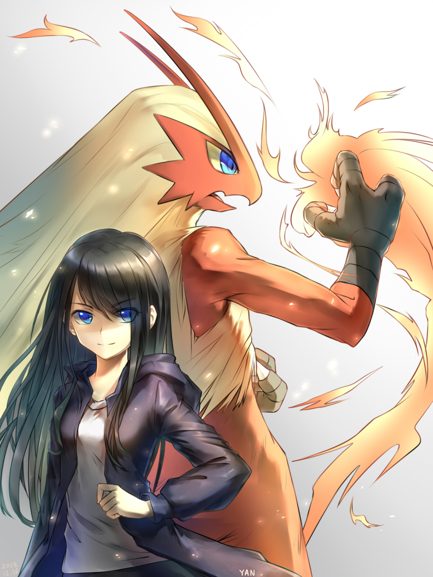 1girl 1other black_hair black_jacket blaziken blue_eyes chenjiyan_y chinese_commentary closed_mouth commentary_request fire furry gen_3_pokemon grey_background grey_shirt highres hood hood_down jacket long_hair looking_at_viewer nintendo partial_commentary pokemon pokemon_(creature) pyrokinesis shirt upper_body