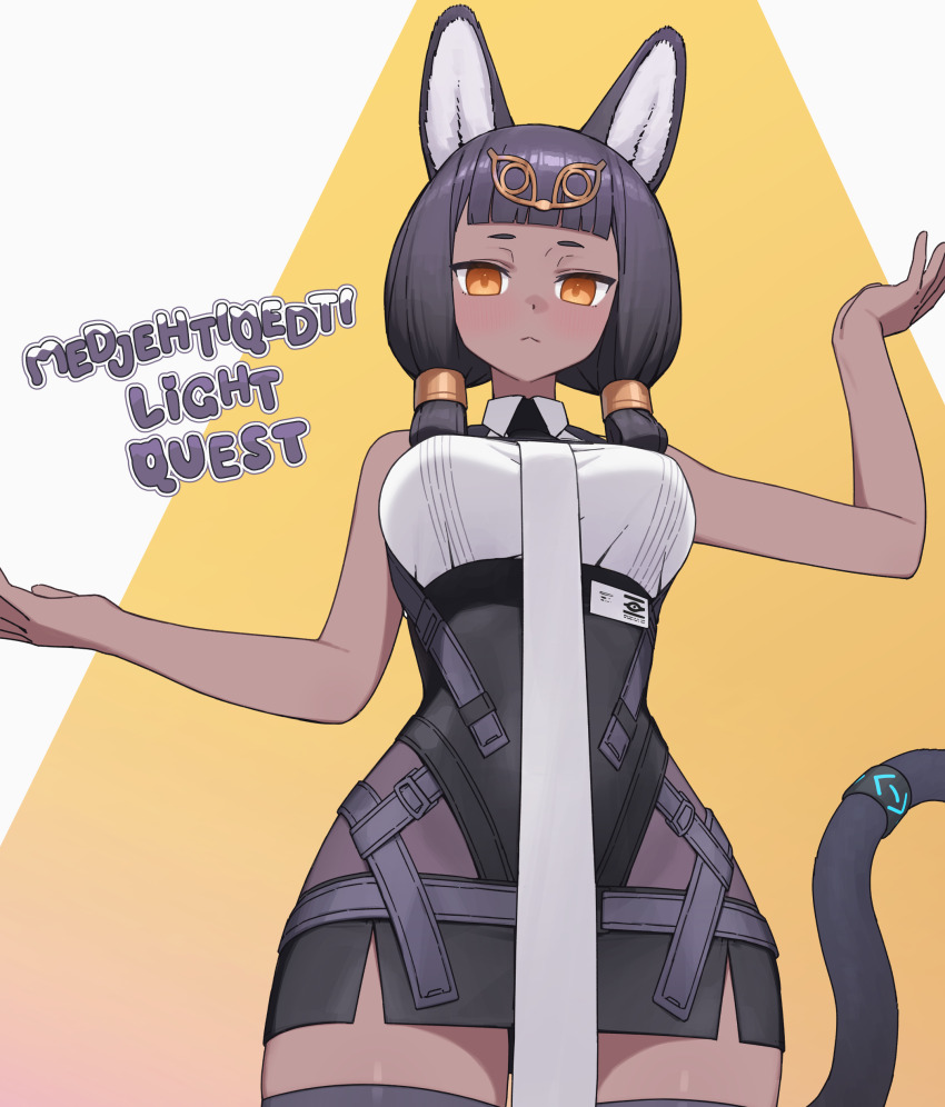 1girl absurdres allen.n animal_ears arknights arm_up bare_shoulders black_hair black_tail blunt_bangs character_name closed_mouth commentary commentary_request cowboy_shot dark-skinned_female dark_skin english_commentary engrish_commentary hair_ornament hair_tubes highres infection_monitor_(arknights) light_blush long_necktie looking_at_viewer medjehtiqedti_(arknights) mixed-language_commentary necktie orange_eyes short_hair sleeveless solo standing tail white_necktie yellow_background