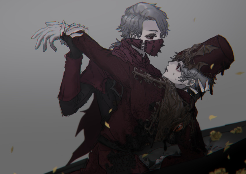 2boys aesop_carl aesop_carl_(exorcist) arm_grab falling_petals fingerless_gloves gloves grey_background grey_hair hand_on_another&#039;s_head hands_up hat highres identity_v jacket jiz_(pffbq) long_hair long_sleeves looking_at_another low_ponytail male_focus mask mouth_mask multiple_boys petals ponytail red_eyes simple_background sweat upper_body victor_grantz victor_grantz_(the_embrace) yellow_petals