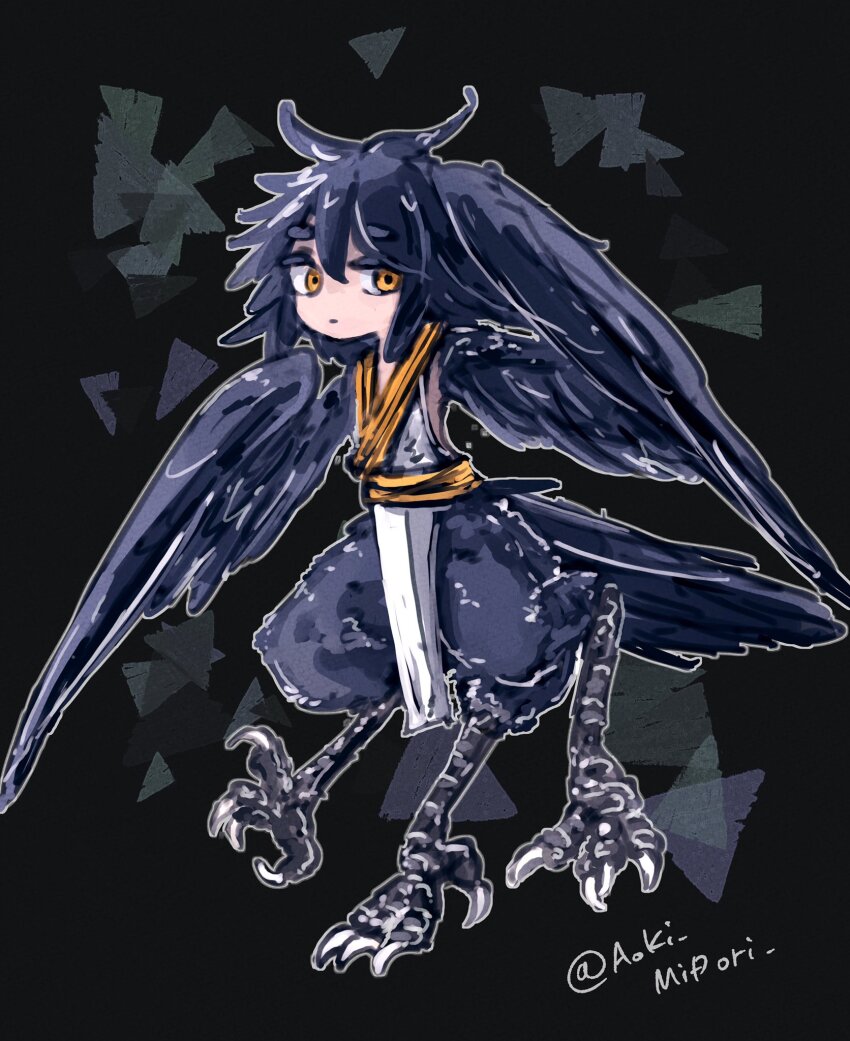 1girl aoki_midori_(artist) bird_legs bird_tail black_feathers black_hair black_wings commentary_request digitigrade extra_legs feathered_wings feathers highres original pelvic_curtain sash solo tail talons twitter_username winged_arms wings yellow_eyes yellow_sash