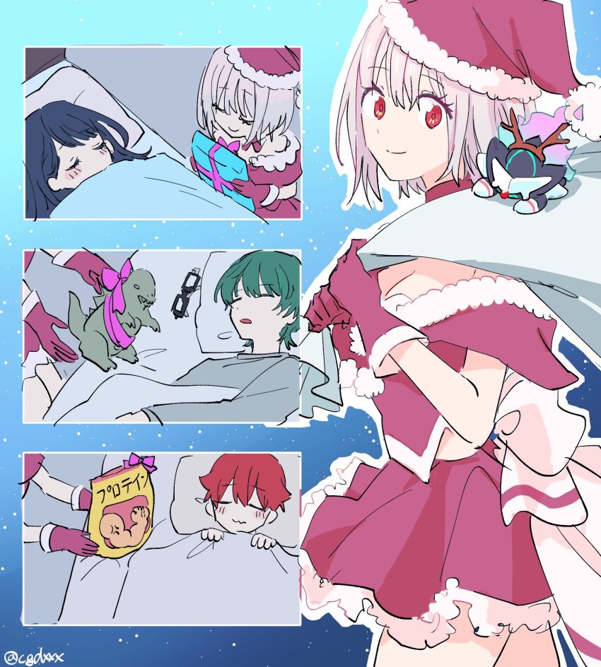 2boys 2girls alexis_kerib alexis_kerib_(new_order) bed blanket box breasts capelet christmas closed_eyes closed_mouth dress fur-trimmed_capelet fur-trimmed_dress fur-trimmed_headwear fur_trim gift gift_box glasses gloves green_hair gridman_universe gridman_universe_(movie) hat hibiki_yuuta highres himagosan holding holding_sack large_breasts long_hair looking_at_viewer multiple_boys multiple_girls open_mouth pillow purple_hair red_capelet red_eyes red_gloves red_hair red_hat sack santa_costume santa_gloves santa_hat shinjou_akane shirt short_hair skirt sleeping smile takarada_rikka utsumi_shou zzz