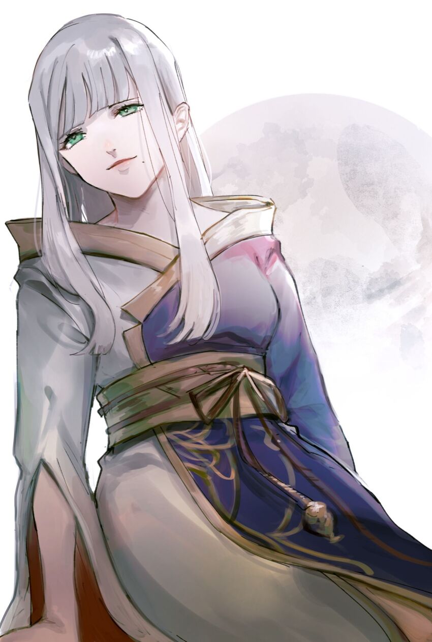 1girl arm_support bad_id bad_pixiv_id blunt_bangs cowboy_shot final_fantasy final_fantasy_xiv full_moon green_eyes highres hyur inrou japanese_clothes kimono kuroge_(kewagyuu) long_hair looking_afar looking_to_the_side mole mole_under_mouth moon obi obijime purple_kimono sash sidelocks simple_background sitting smile solo straight_hair two-tone_kimono white_background white_hair white_kimono yotsuyu_goe_brutus