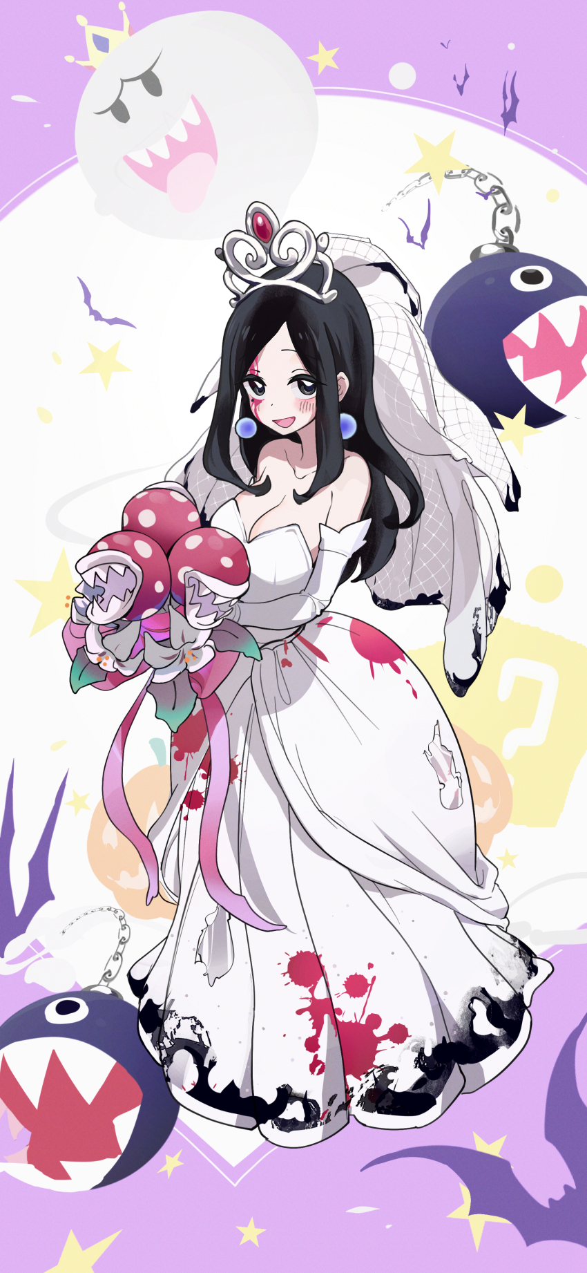 1girl absurdres black_eyes black_hair blush breasts bridal_veil bride chain_chomp cleavage cosplay crown dress earrings ghost gloves halloween highres jewelry king_boo large_breasts long_hair looking_at_viewer luigi&#039;s_mansion mario_(series) medium_hair mo0o0rae mole mole_under_eye nintendo open_mouth piranha_plant princess_king_boo princess_king_boo_(cosplay) princess_peach princess_peach_(wedding) sakurai_touko senpai_ga_uzai_kouhai_no_hanashi sharp_teeth sidelocks smile super_crown super_mario_odyssey teeth tiara tongue tongue_out veil wedding_dress white_dress white_gloves white_hair