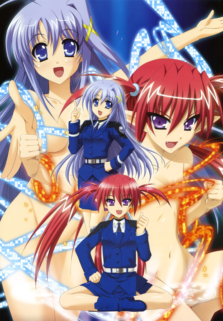 2girls :d absurdres agito agito_(nanoha) ahoge bandages belt blue_eyes blue_hair boots breasts buttons censored convenient_censoring formal_clothes glowing gradient_background groin hair_between_eyes hair_censor hair_intakes hair_ornament hairclip hand_on_own_hip higa_yukari highres index_finger_raised legs long_hair looking_at_viewer low_twintails lyrical_nanoha magic_circle mahou_senki_lyrical_nanoha_force military military_uniform multiple_girls navel necktie nude nyantype official_art open_mouth outstretched_arm outstretched_hand pencil_skirt pointy_ears purple_eyes purple_hair quad_tails red_hair reinforce_zwei scan scrunchie short_twintails side_slit sidelocks sitting skirt skirt_suit small_breasts smile standing suit thumbs_up turtleneck twintails very_long_hair x_hair_ornament
