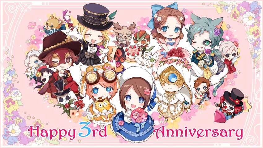 3boys 4girls :3 alcohol alexander_the_great_(identity_v) animal_ears animal_hands anniversary bird black_bow black_bowtie blindfold blonde_hair blue_dress blue_eyes blue_gloves blush bonnet book bottle bouquet bow bowtie brown_eyes brown_hair cake cat_ears cat_tail center_frills chibi clover cross-shaped_pupils crossed_legs cup curly_hair demi_bourbon demi_bourbon_(black_rose) dress drinking_glass earrings eli_clark eli_clark_(lunar_phase) emma_woods emma_woods_(boudoir_dream) eric_knikki eyeshadow facial_hair facial_mark fedora flower food forked_tongue formal_clothes four-leaf_clover frilled_sleeves frills gloves goatee goggles goggles_on_head green_eyes hair_flower hair_ornament hand_on_own_chin hat highres holding holding_book holding_bottle hood hood_up identity_v jewelry kurt_frank kurt_frank_(alice) lipstick long_sleeves low_ponytail makeup mask mini_axe_boy mini_bloody_queen mini_evil_reptilian mini_feaster mini_gamekeeper mini_geisha mini_jack mini_photographer mini_smiley_face mole moon_print multiple_boys multiple_girls naib_subedar naib_subedar_(cheshire_cat) norton_campbell norton_campbell_(ronald_of_nice) one_eye_closed owl pink_dress pink_flower ponytail purple_flower reading red_eyeshadow red_hair sandals shiba_inu_(identity_v) short_hair single_glove sitting smile striped_tail suit symbol-shaped_pupils tail tongue tongue_out tracy_reznik tracy_reznik_(candy_girl) v_arms vera_nair vera_nair_(red_shoes) white_flower wine wine_bottle wine_glass x-shaped_pupils yellow_flower