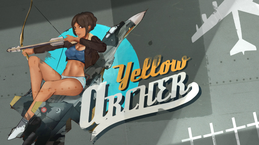 1girl ace_combat ace_combat_7:_skies_unknown aircraft airplane bow bow_(weapon) braid breasts brown_eyes brown_jacket commentary_request crown_braid dark-skinned_female dark_skin fighter_jet highres holding holding_bow_(weapon) holding_weapon jacket kowaremashita medium_hair military military_vehicle missile namco navel nose_art open_clothes open_jacket parted_lips red_lips shorts solo su-37 weapon white_legwear white_shorts yellow_4