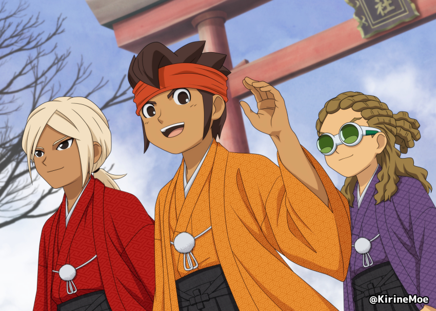 3boys black_eyes black_hakama blonde_hair blue_sky brown_eyes brown_hair cloud dark-skinned_male dark_skin dreadlocks endou_mamoru goggles gouenji_shuuya hair_tie hakama haori haori_himo headband highres inazuma_eleven_(series) inazuma_eleven_go japanese_clothes kidou_yuuto kimono kirinemoe long_hair looking_at_viewer male_focus multiple_boys open_mouth orange_haori orange_headband orange_kimono ponytail purple_haori purple_kimono red_haori red_kimono sky torii tree twitter_username upper_body