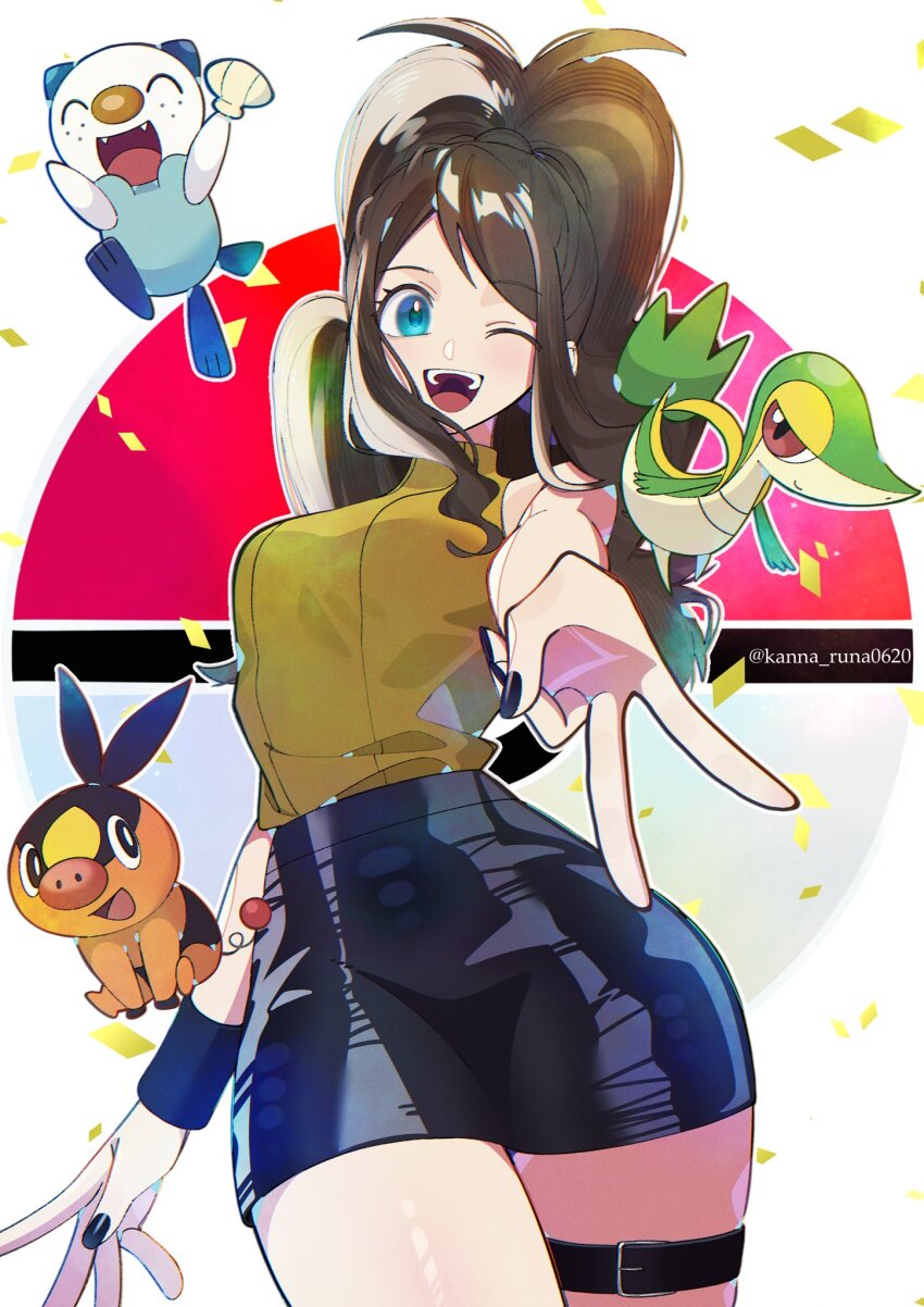 1girl ;d alternate_costume antenna_hair black_nails black_shorts blue_eyes brown_hair commentary_request eyelashes gen_5_pokemon happy highres hilda_(pokemon) inward_v kana_(kanna_runa0620) long_hair nail_polish nintendo one_eye_closed open_mouth oshawott pokemon pokemon_(creature) pokemon_bw shirt shorts sleeveless sleeveless_shirt smile snivy starter_pokemon_trio teeth tepig thigh_strap tongue upper_teeth_only v yellow_shirt