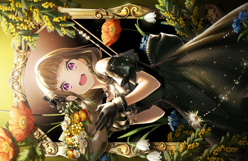 1girl :d acacia_(flower) bare_shoulders black_dress black_gloves blue_flower blunt_bangs bouquet brown_hair cowboy_shot daisy dress flower flower_request fur-trimmed_gloves fur_trim game_cg gloves hair_over_shoulder highres holding holding_bouquet kachimachi_kosuzu kachimachi_kosuzu_(16th_birthday) link!_like!_love_live! long_hair love_live! off-shoulder_dress off_shoulder official_alternate_costume official_art open_mouth orange_flower pink_eyes poppy_(flower) sideways smile solo sun_hair_ornament teeth third-party_source upper_teeth_only virtual_youtuber white_flower yellow_flower