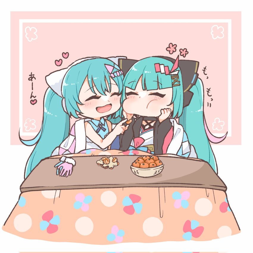 2girls aqua_hair asymmetrical_gloves bare_arms basket black_headwear blue_gloves border chibi closed_eyes commentary criss-cross_halter dual_persona facing_another feeding food fruit full_mouth fur-trimmed_gloves fur-trimmed_headwear fur_trim gloves halterneck hand_on_another&#039;s_cheek hand_on_another&#039;s_face hatsune_miku highres holding holding_food holding_fruit japanese_clothes kimono kotatsu long_hair magical_mirai_(vocaloid) magical_mirai_miku magical_mirai_miku_(2020_summer) magical_mirai_miku_(2020_winter) mandarin_orange mismatched_gloves multiple_girls no_mouth open_mouth orange_peel pink_background pink_gloves puffy_cheeks smile table translated twintails under_kotatsu under_table unworn_gloves very_long_hair vocaloid white_border yurimozyu2038
