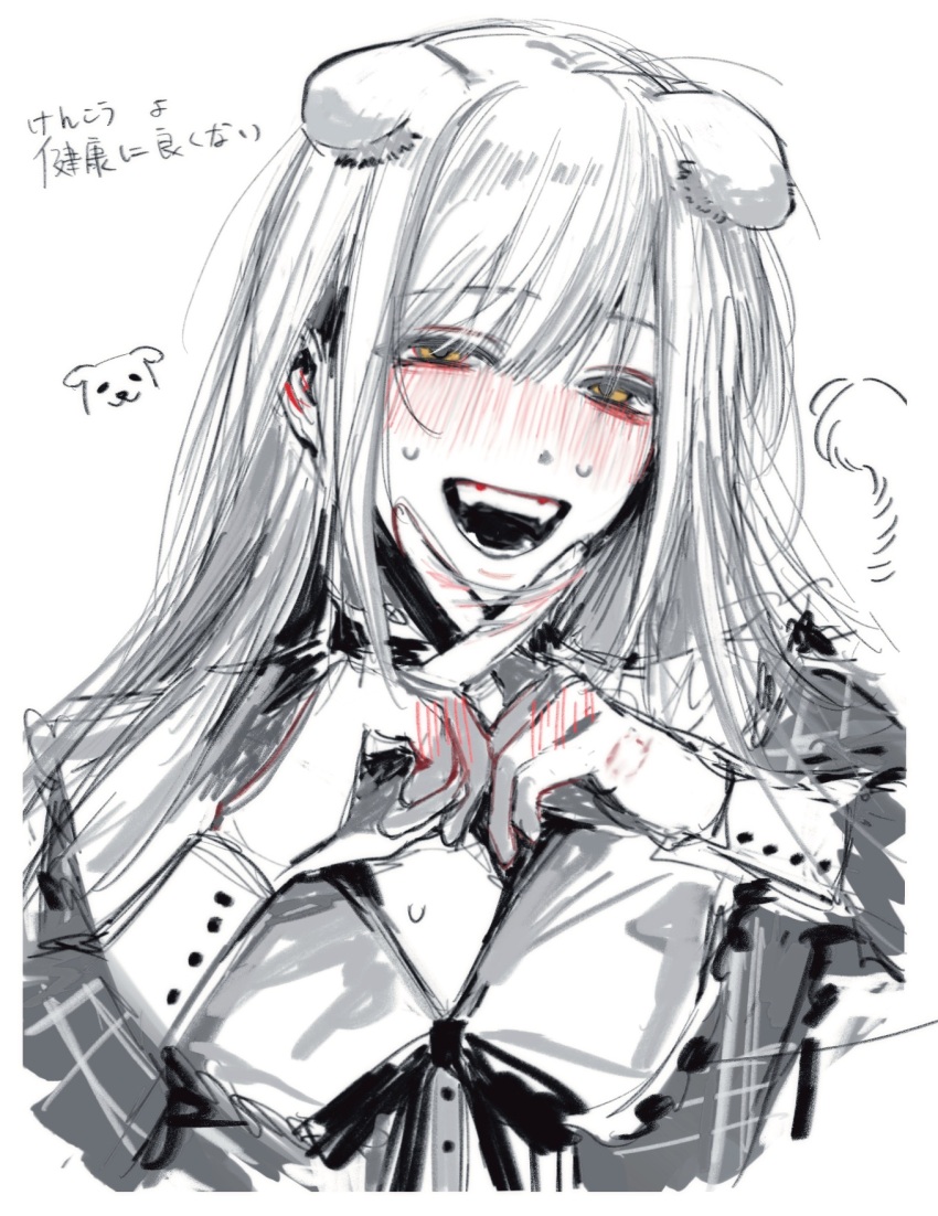 1girl animal_ears bang_dream! bang_dream!_it&#039;s_mygo!!!!! bite_mark_on_hand black_dress blush commentary dog_ears dog_girl dog_tail dress highres kemonomimi_mode kenkou_ni_yoku_nai!_(bang_dream!) long_hair long_sleeves mortis_(bang_dream!) mortis_(persona)_(bang_dream!) open_mouth plaid_clothes plaid_dress sidelocks siy_(shengxiu760722) solo source_quote sweat symbol-only_commentary tail translation_request upper_body wakaba_mutsumi white_hair x_fingers yellow_eyes