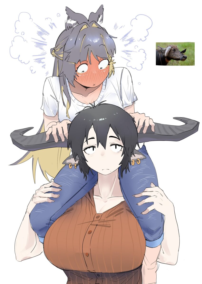 2girls animal_ears blush collarbone cow_ears cow_girl cow_horns full-face_blush highres horns long_hair maikamiaka multiple_girls original pants photo_inset red_shirt shirt short_hair sitting_on_shoulder steam white_background