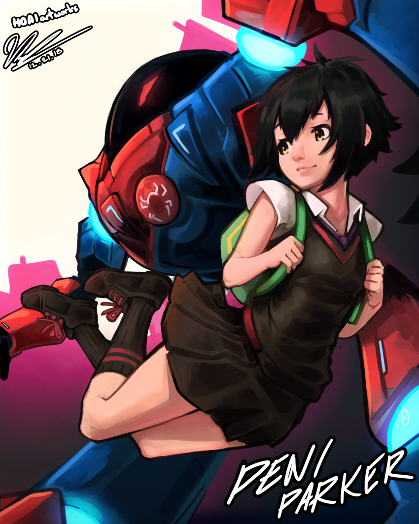 1girl absurdres antenna_hair artist_name backpack bag black_hair black_shoes black_skirt black_socks black_sweater_vest breasts brown_eyes character_name closed_mouth commentary dated english_commentary falling feet_up green_bag hair_between_eyes highres hoai_vu holding_strap jumping light_smile lips looking_to_the_side marvel mecha necktie nose peni_parker purple_necktie robot school_uniform shirt shoes short_hair short_sleeves signature skirt skyline small_breasts smile sneakers socks solo sp//dr spider-man:_into_the_spider-verse spider-man_(series) spider-verse sweater_vest white_background white_shirt