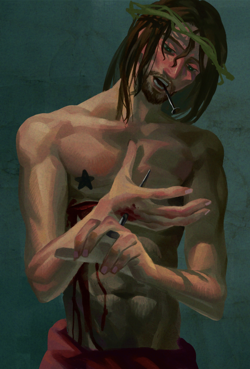 1boy absurdres beard blood brown_eyes brown_hair crown_of_thorns facial_hair greenless_417 highres injury jesus male_focus medium_hair mouth_hold nail_(hardware) pasties real_life solo star_(symbol) star_pasties teeth the_bible topless_male upper_body