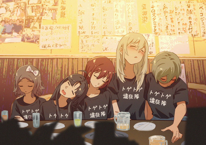 5girls ahoge awa_subaru black_hair black_shirt blush bow brown_hair closed_eyes commentary cup drunk ebizuka_tomo english_commentary girls_band_cry grey_hair hair_between_eyes hair_bow highres iseri_nina kawaragi_momoka long_hair long_hair_between_eyes multiple_girls open_mouth parted_bangs rupa_(girls_band_cry) shirt short_hair short_sleeves sidelocks sleeping sleeping_on_person summer_left togenashi_togeari white_bow