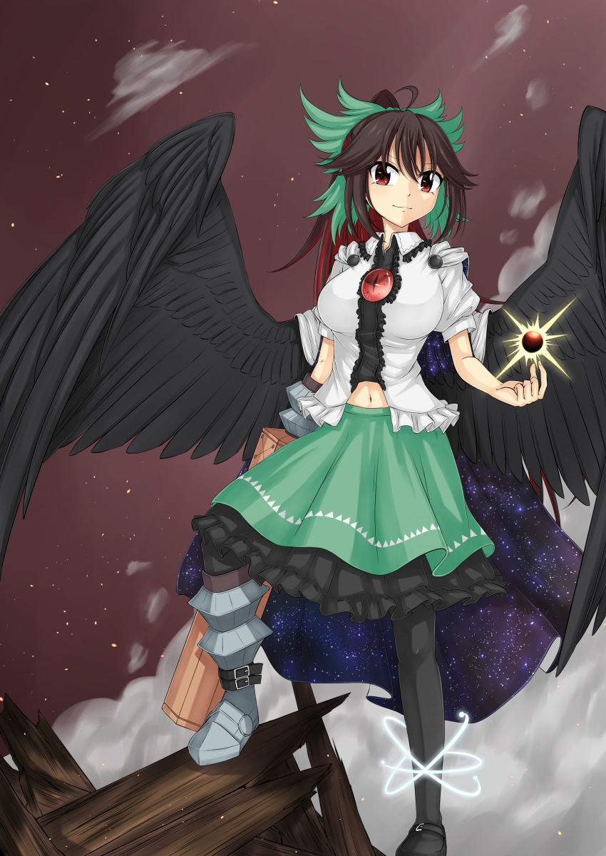 1girl absurdres abyss_arts ahoge arm_cannon asymmetrical_footwear atom black_footwear black_pantyhose black_sun black_wings boots bow breasts brown_background brown_eyes brown_hair cape closed_mouth collared_shirt colored_inner_hair commentary_request control_rod_(touhou) embers feathered_wings frilled_shirt frilled_shirt_collar frilled_skirt frills full_body green_bow green_skirt grey_footwear hair_bow highres large_breasts loafers long_hair looking_at_viewer mismatched_footwear multicolored_hair navel pantyhose print_cape puffy_short_sleeves puffy_sleeves red_eyes red_hair reiuji_utsuho shirt shoes short_sleeves skirt smile smoke solo starry_sky_print sun third_eye touhou two-sided_cape two-sided_fabric weapon white_cape white_shirt wings