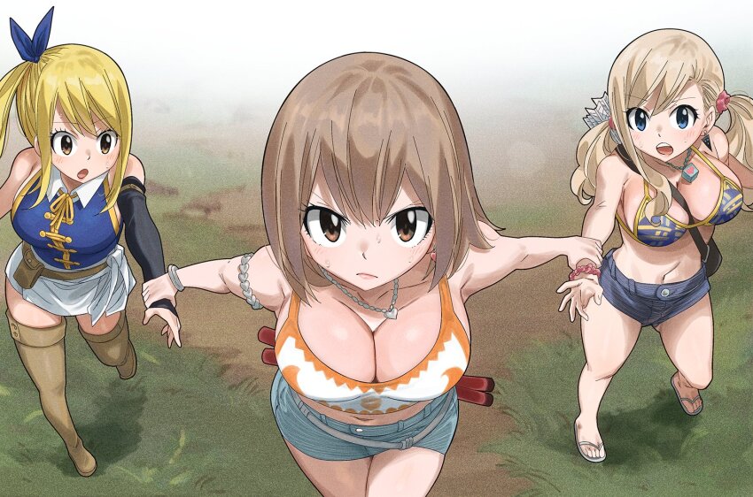 3girls bikini bikini_top_only blonde_hair blue_eyes breasts brown_eyes brown_hair cleavage colorized crossover earrings eden&#039;s_zero elie_(rave) fairy_tail gaston18 jewelry large_breasts long_hair lucy_heartfilia mashima_hiro medium_hair midriff multiple_girls navel necklace rave_(manga) rebecca_bluegarden side_ponytail skirt swimsuit twintails