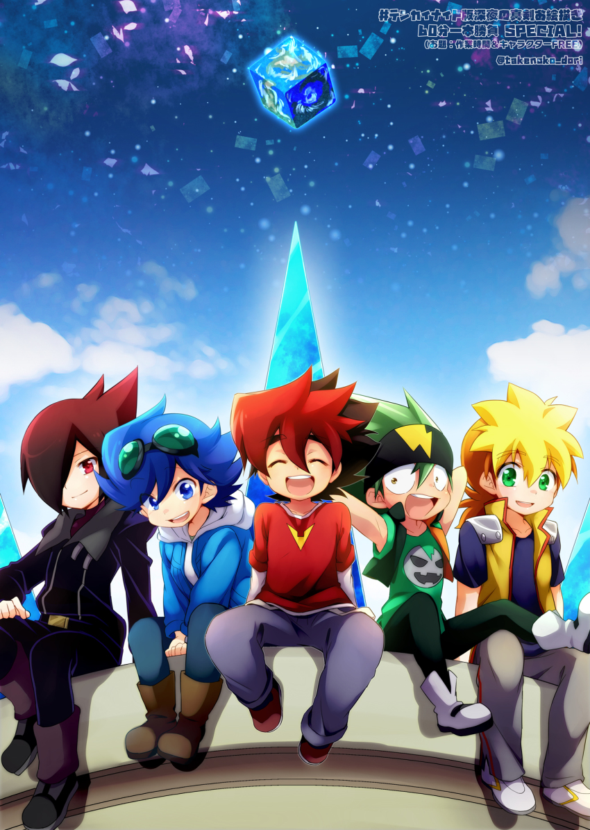 5boys :d artist_name black_headband blonde_hair blue_hair blue_sky boots brown_footwear ceylan_jones closed_eyes goggles goggles_on_head green_hair green_shirt grey_pants guren_nash hair_between_eyes hair_over_one_eye headband highres inukai_gen kameyama_tokusa mason_chooki multiple_boys open_mouth outdoors pants print_shirt red_eyes red_hair red_shirt shirt short_sleeves sitting sky smile take_no_ko tenkai_knights watermark white_footwear
